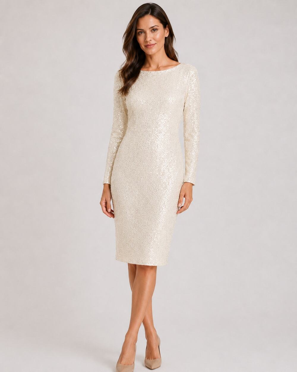 Lauren Ralph Lauren Sequin Long Sleeve Evening Dress Ivory White Size 14